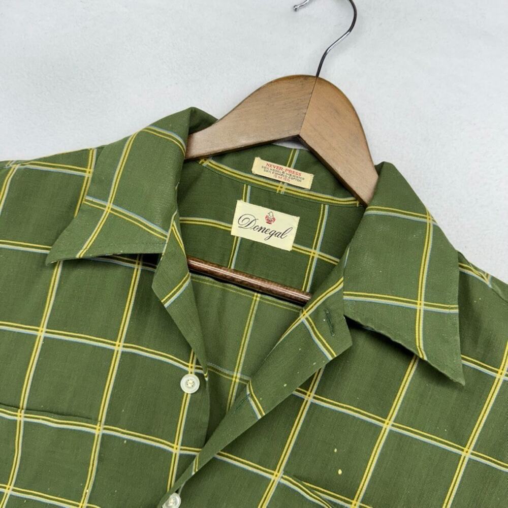 Vintage Donegal Shirt men's Medium Green Yellow Thin Check Rockabilly 70s Flaws